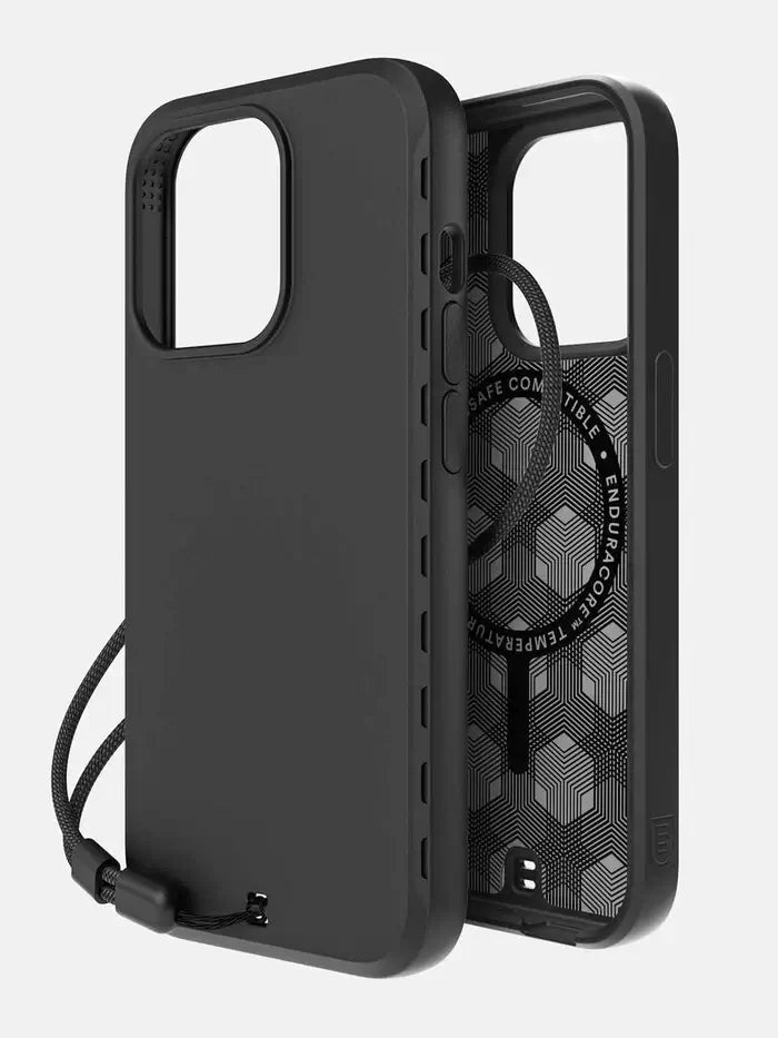 Angled view of the BodyGuardz Paradigm Pro iPhone 15 Pro Max Case showing cooling gel interior, airflow vents, and attached lanyard.