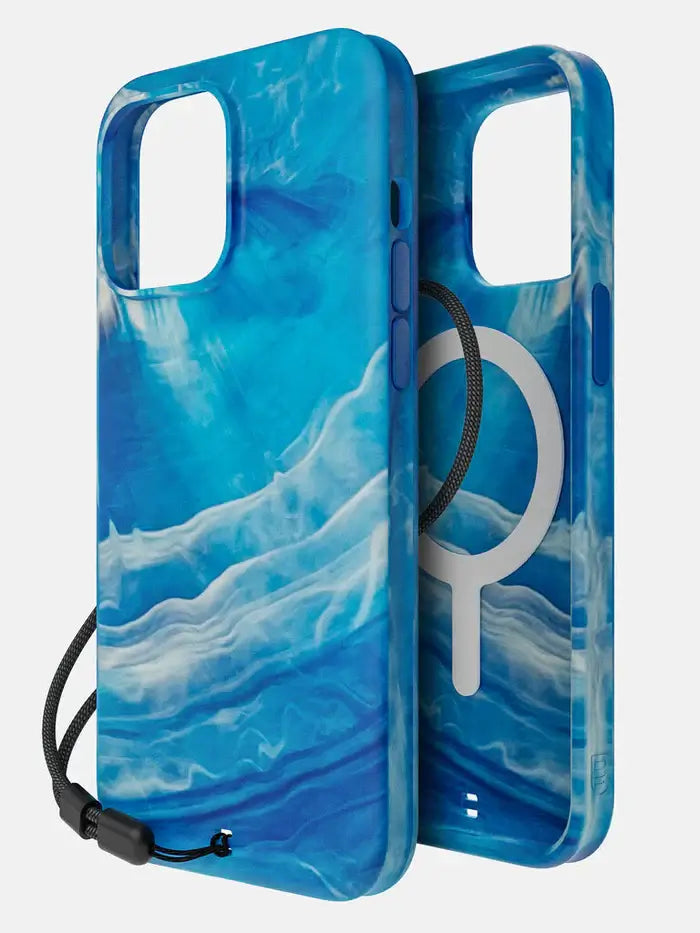 BodyGuardz Carve MagSafe iPhone 15 Pro Max case featuring blue marble artwork and MagSafe compatibility.