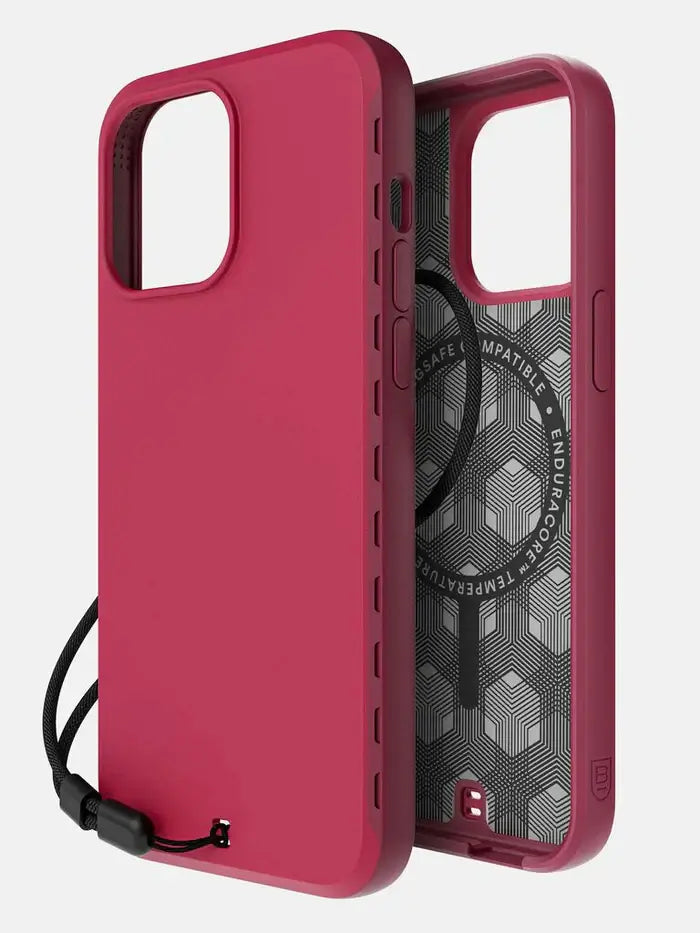 Angled view of the BodyGuardz Paradigm Pro iPhone 15 Pro Max Case showing cooling gel interior, airflow vents, and attached lanyard.