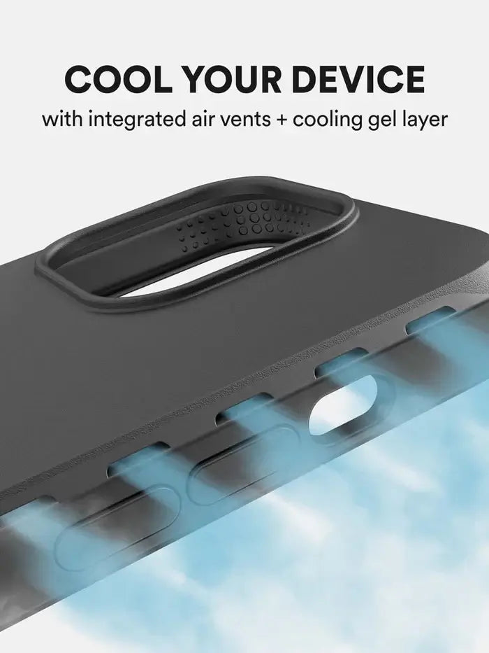 Top close-up of the BodyGuardz Paradigm Pro iPhone 15 Pro Max Case highlighting air vents and the cooling gel layer for heat reduction.