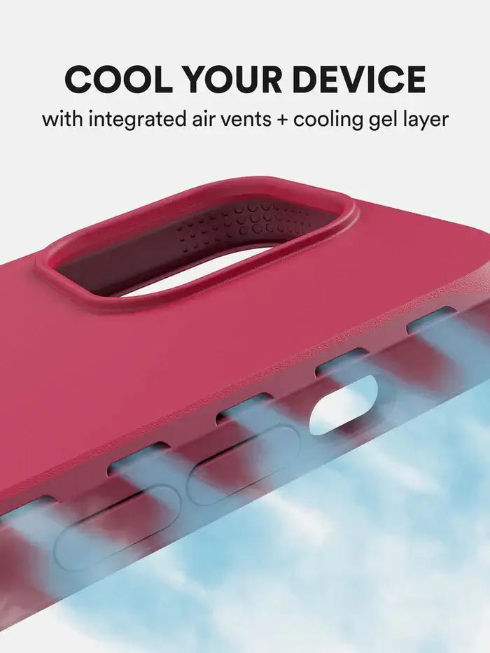 Top close-up of the BodyGuardz Paradigm Pro iPhone 15 Pro Max Case highlighting air vents and the cooling gel layer for heat reduction.
