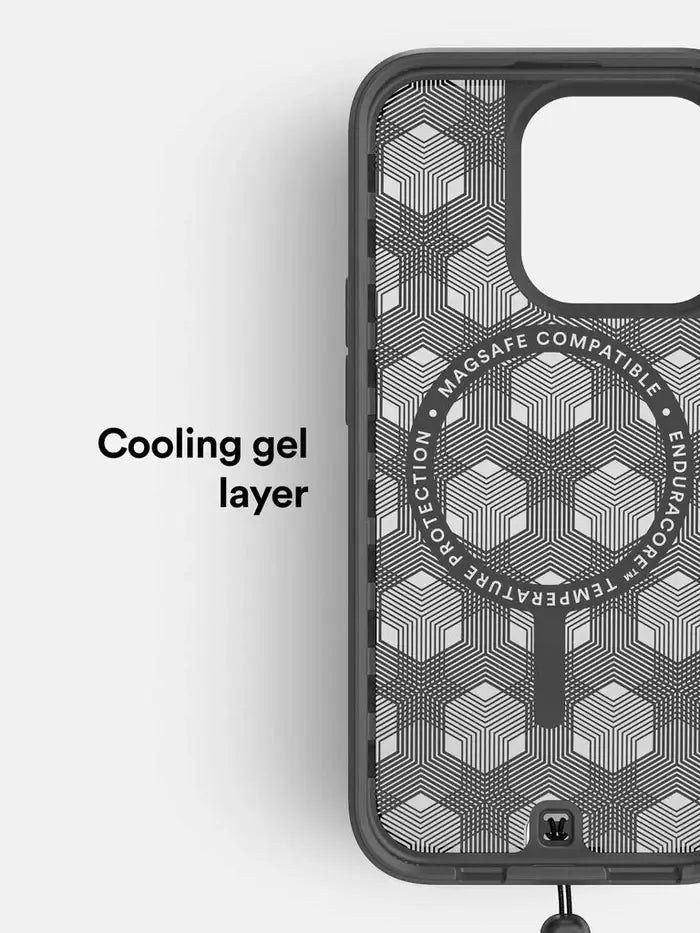 Inside view of the BodyGuardz Paradigm Pro iPhone 15 Pro Max Case showing the cooling gel layer, airflow pattern, and MagSafe alignment.