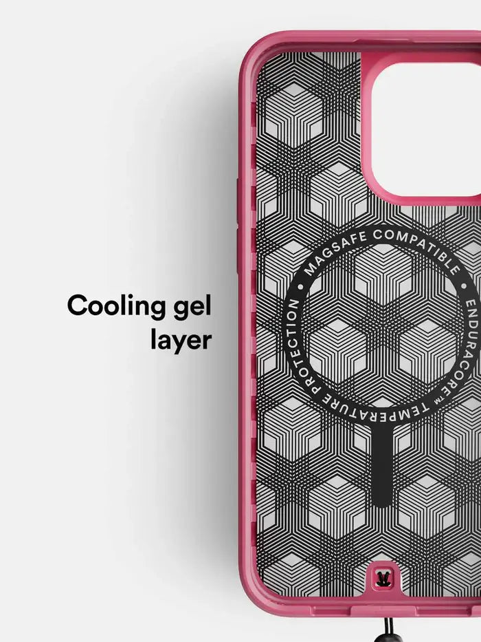 Inside view of the BodyGuardz Paradigm Pro iPhone 15 Pro Max Case showing the cooling gel layer, airflow pattern, and MagSafe alignment.