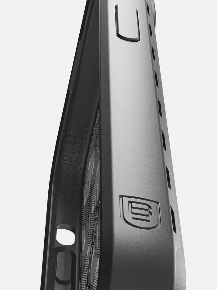 Side profile of the BodyGuardz Paradigm Pro iPhone 15 Pro Max Case with vertical airflow vents designed to improve device cooling.