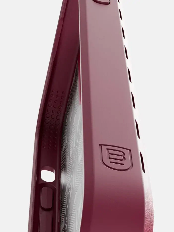 Side profile of the BodyGuardz Paradigm Pro iPhone 15 Pro Max Case with vertical airflow vents designed to improve device cooling.