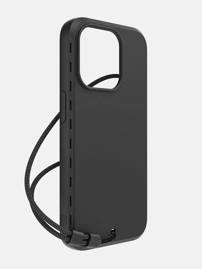 Rear angled view of the BodyGuardz Paradigm Pro iPhone 15 Pro Max Case featuring a slim design and attached protective lanyard.