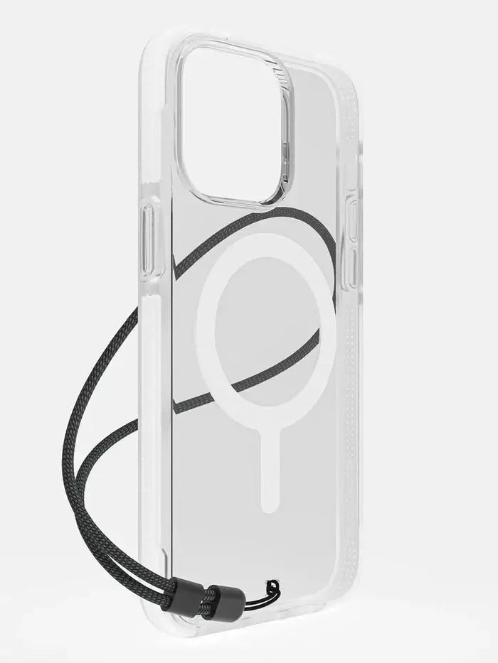 Rear angled view of the BodyGuardz Ace Pro MagSafe iPhone 15 & 16 Case featuring slim protective design and secure lanyard attachment.