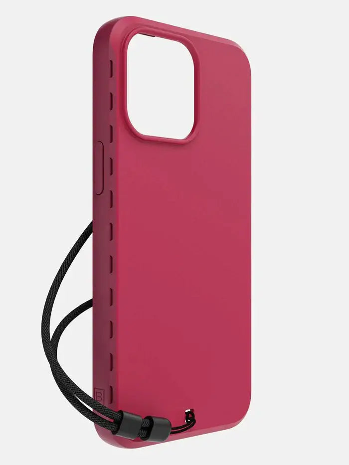 Rear angled view of the BodyGuardz Paradigm Pro iPhone 15 Pro Max Case featuring a slim design and attached protective lanyard.