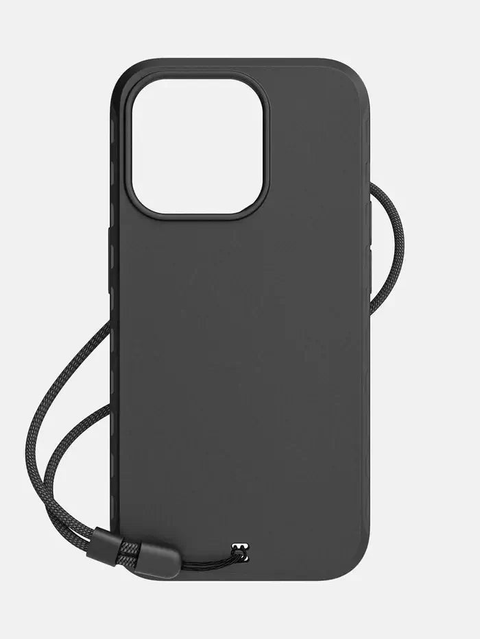 Back view of BodyGuardz cooling case for iPhone showing smooth exterior and integrated lanyard loop.